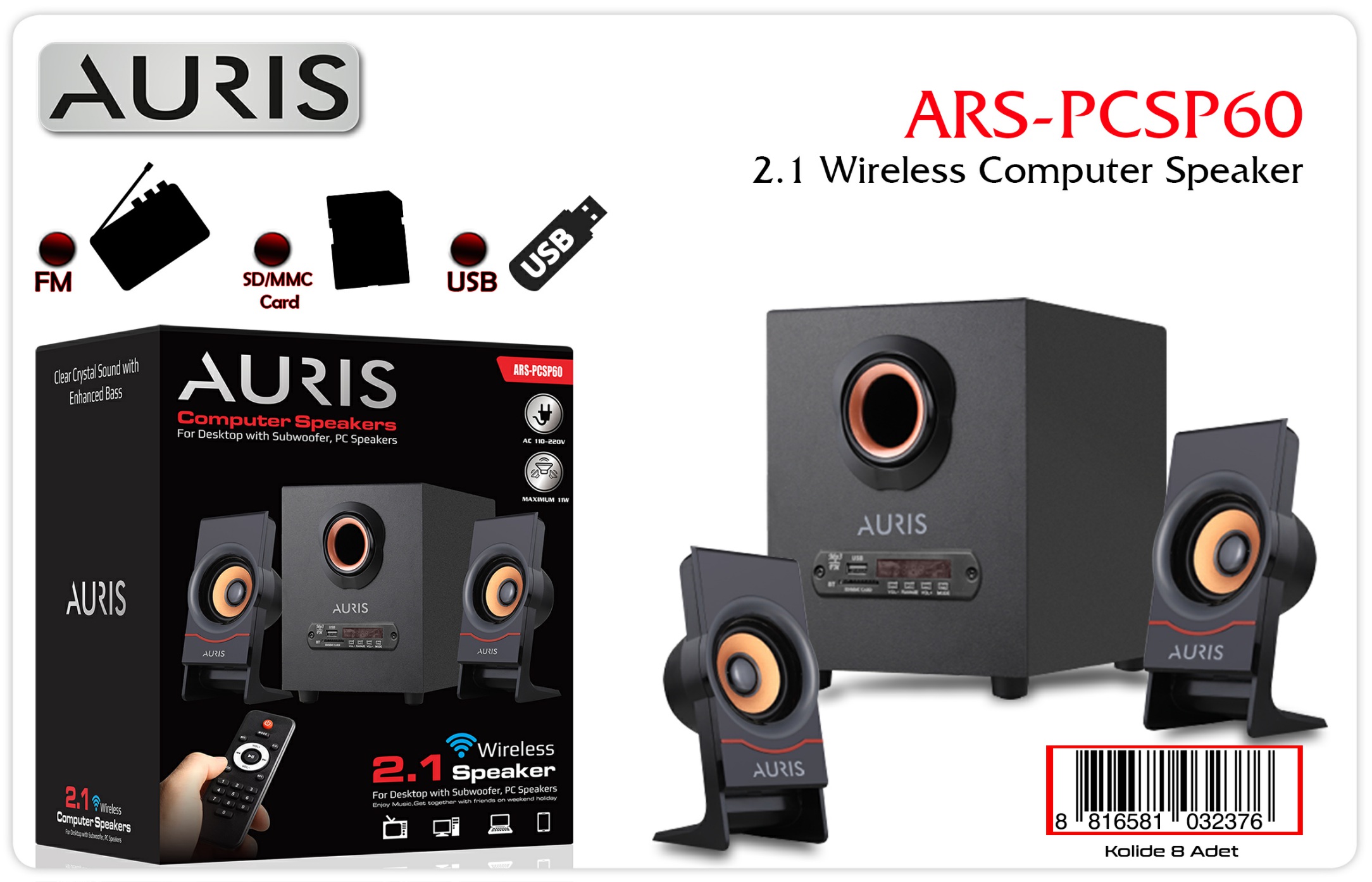 Auris PCSP60 Bluetooth Radyo Hafıza Kartı USB Kumandalı 2+1 Kablosuz Bilgisayar Hoparlörü